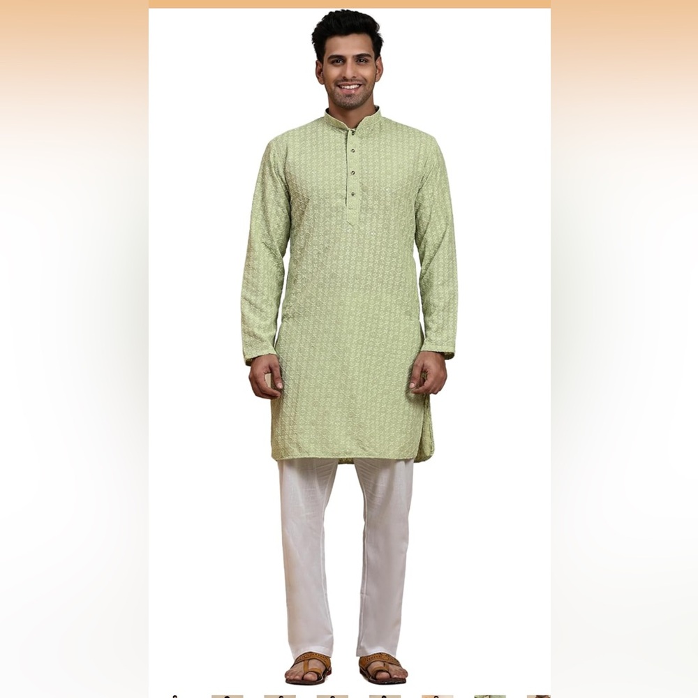 Men’s embroidered cotton kurta top 100% cotton, mint green, medium